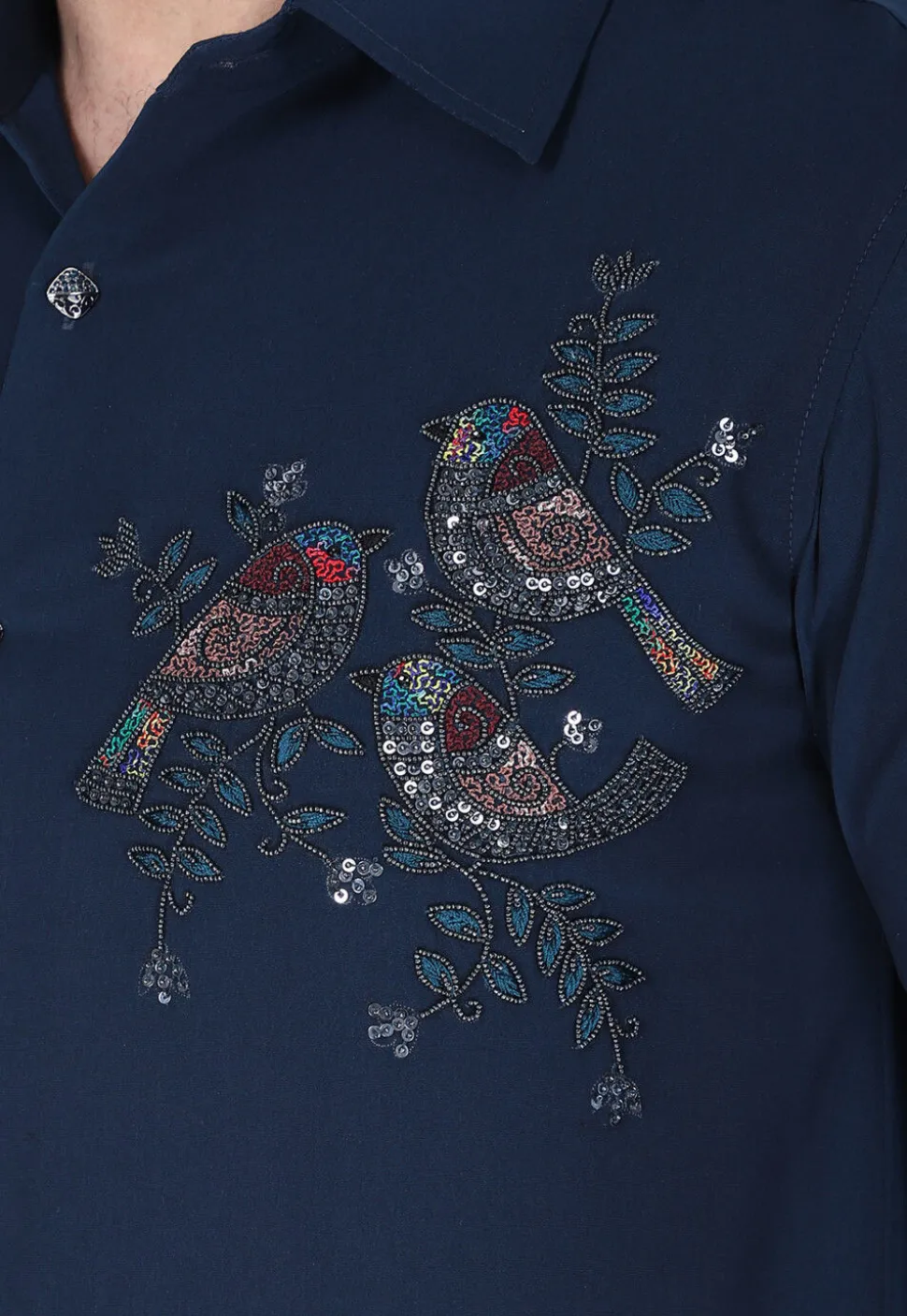 Hand Embroidered Polyester Shirt in Navy Blue