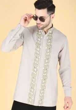 Hand Embroidered Polyester Shirt in Light Grey