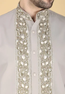 Hand Embroidered Polyester Shirt in Light Grey