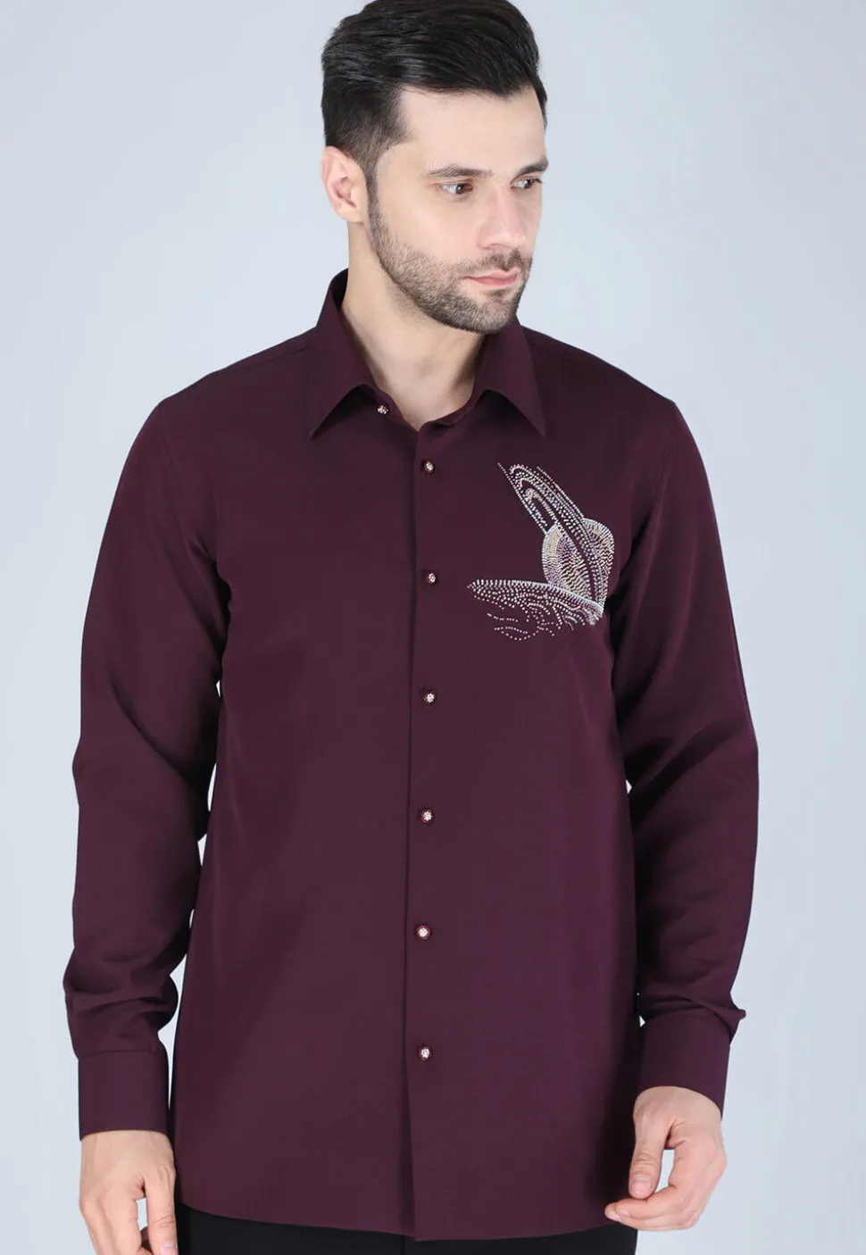 Hand Embroidered Polyester Shirt in Wine