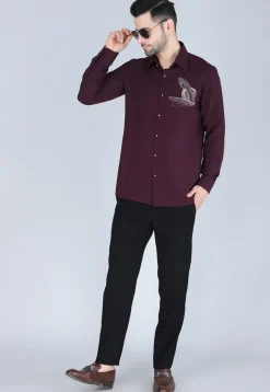 Hand Embroidered Polyester Shirt in Wine