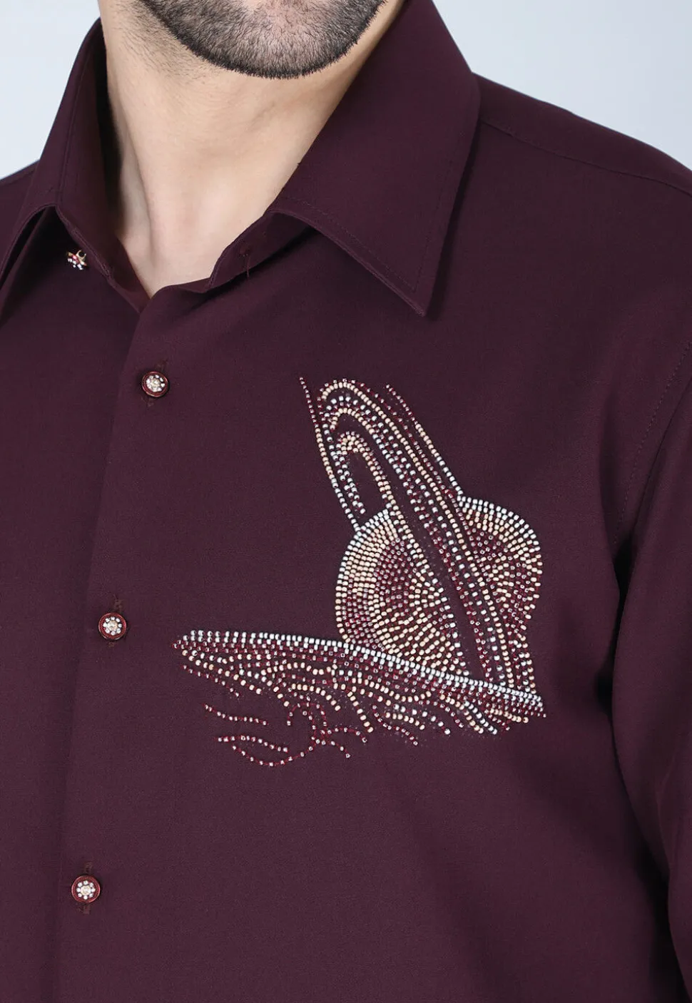 Hand Embroidered Polyester Shirt in Wine