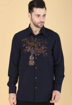 Hand Embroidered Polyester Shirt in Navy Blue