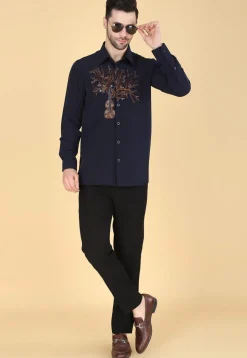 Hand Embroidered Polyester Shirt in Navy Blue