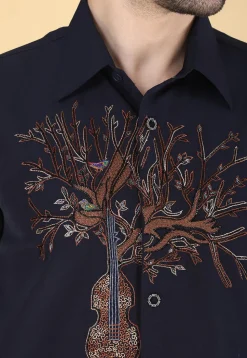 Hand Embroidered Polyester Shirt in Navy Blue