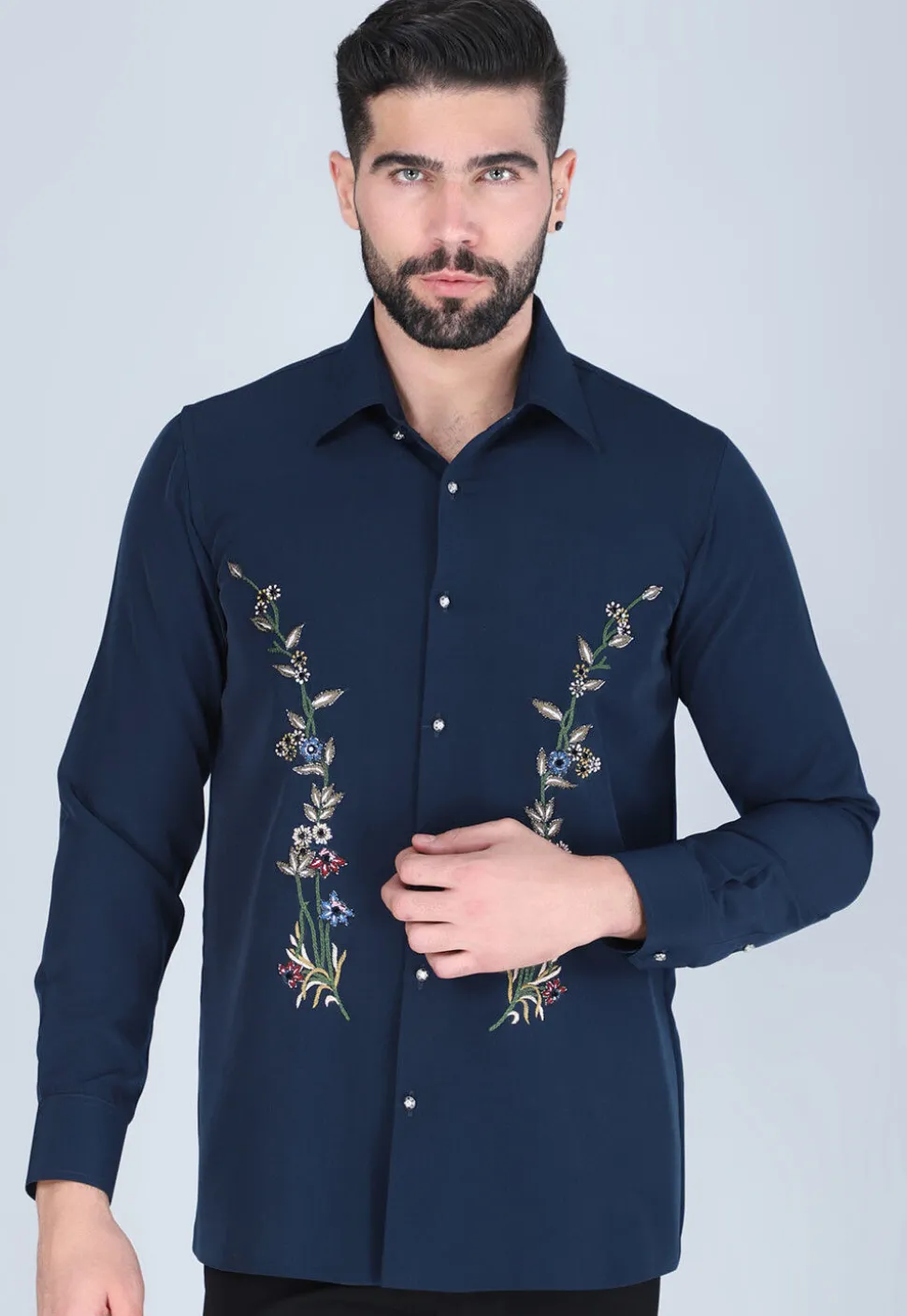 Hand Embroidered Polyester Shirt in Navy Blue