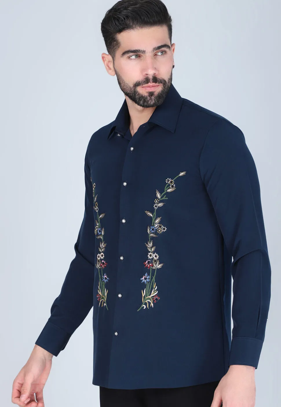 Hand Embroidered Polyester Shirt in Navy Blue