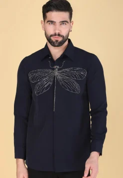 Hand Embroidered Polyester Shirt in Navy Blue