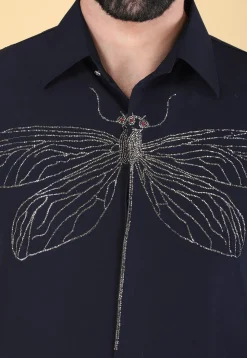 Hand Embroidered Polyester Shirt in Navy Blue