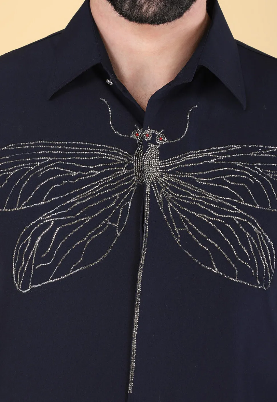 Hand Embroidered Polyester Shirt in Navy Blue