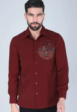 Hand Embroidered Polyester Shirt in Maroon