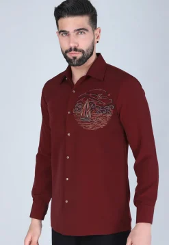 Hand Embroidered Polyester Shirt in Maroon