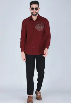 Hand Embroidered Polyester Shirt in Maroon