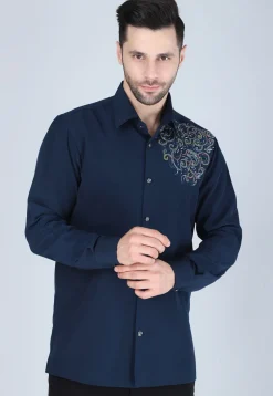 Hand Embroidered Polyester Shirt in Navy Blue