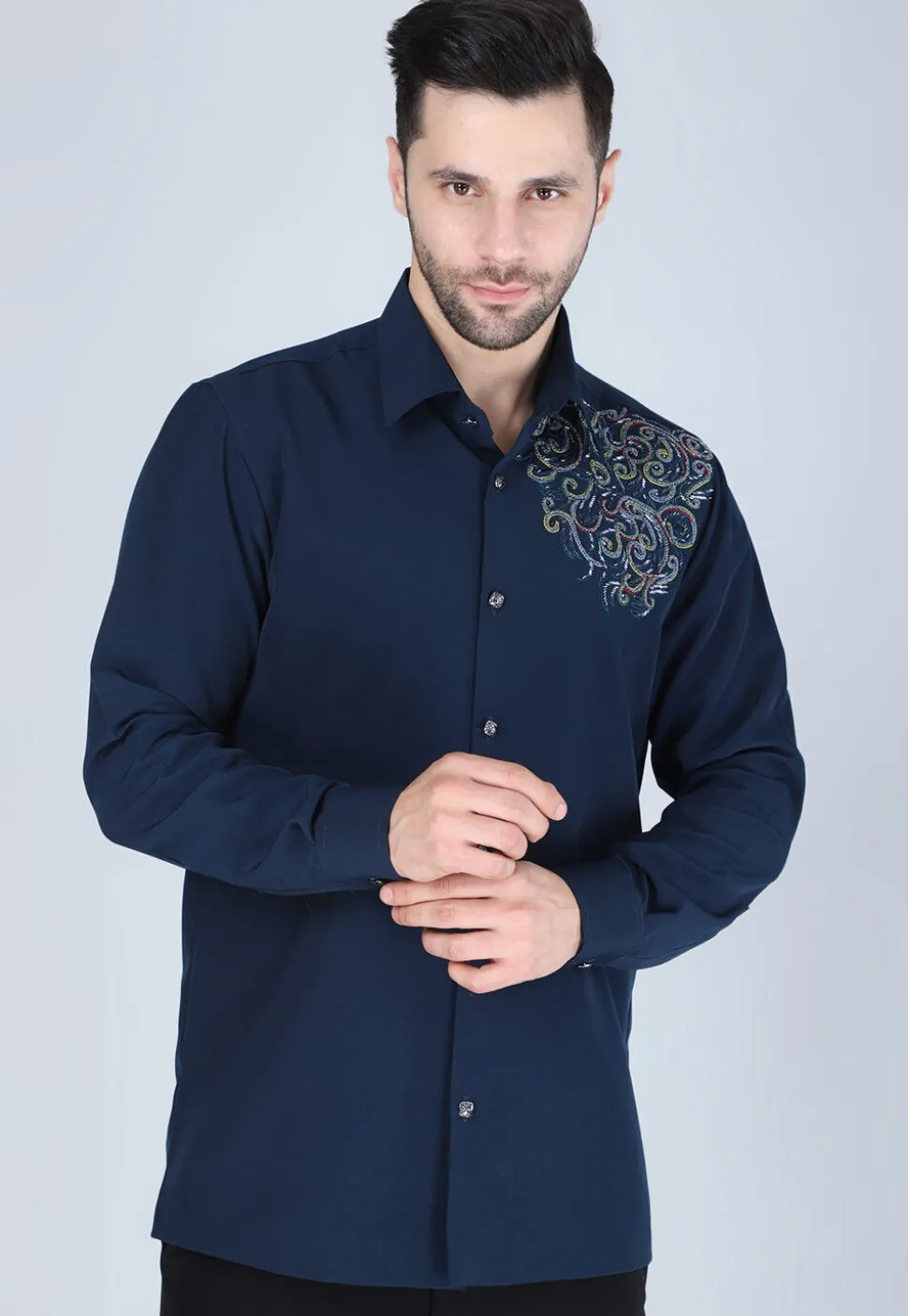 Hand Embroidered Polyester Shirt in Navy Blue