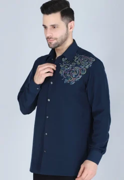 Hand Embroidered Polyester Shirt in Navy Blue