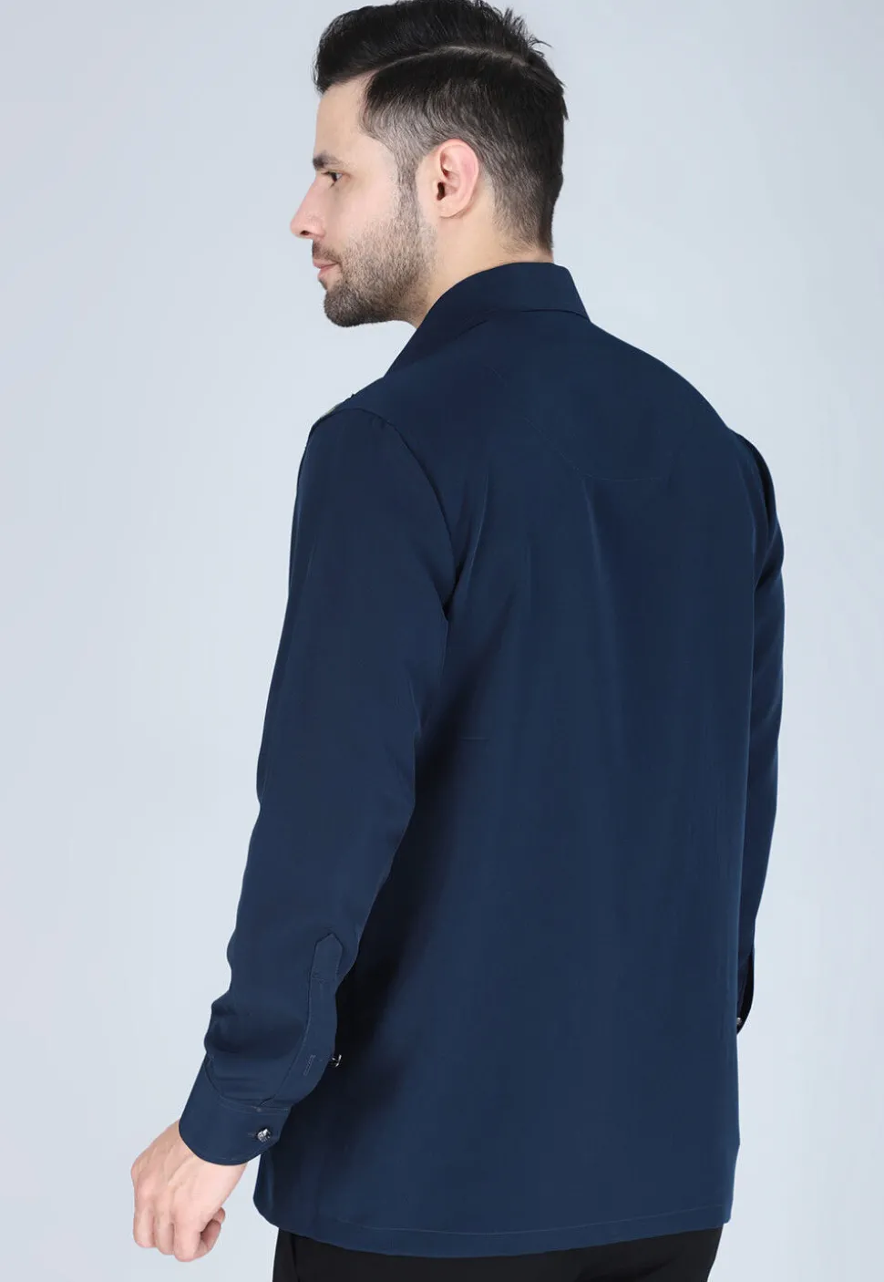 Hand Embroidered Polyester Shirt in Navy Blue