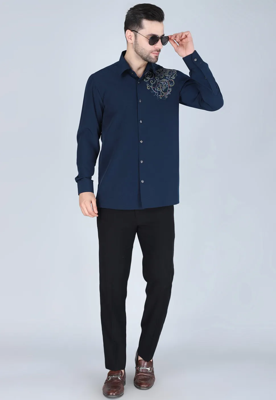 Hand Embroidered Polyester Shirt in Navy Blue
