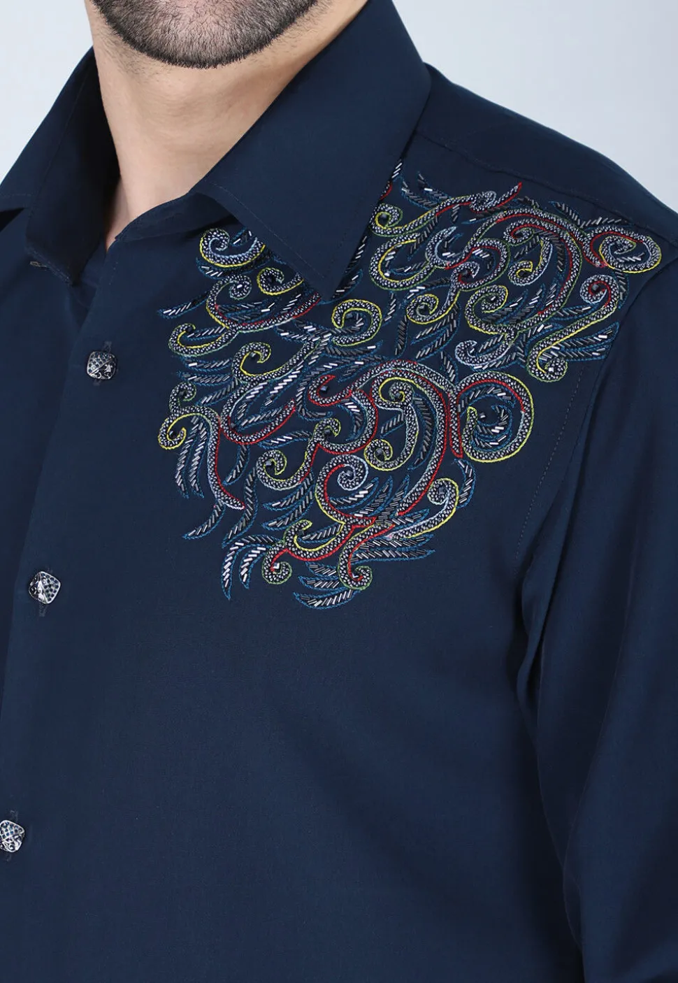 Hand Embroidered Polyester Shirt in Navy Blue