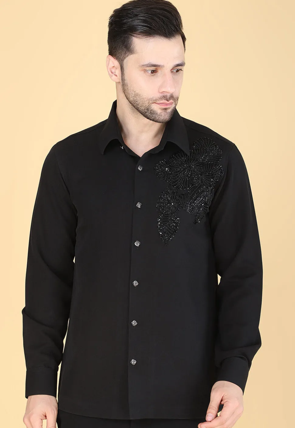 Hand Embroidered Polyester Shirt in Black