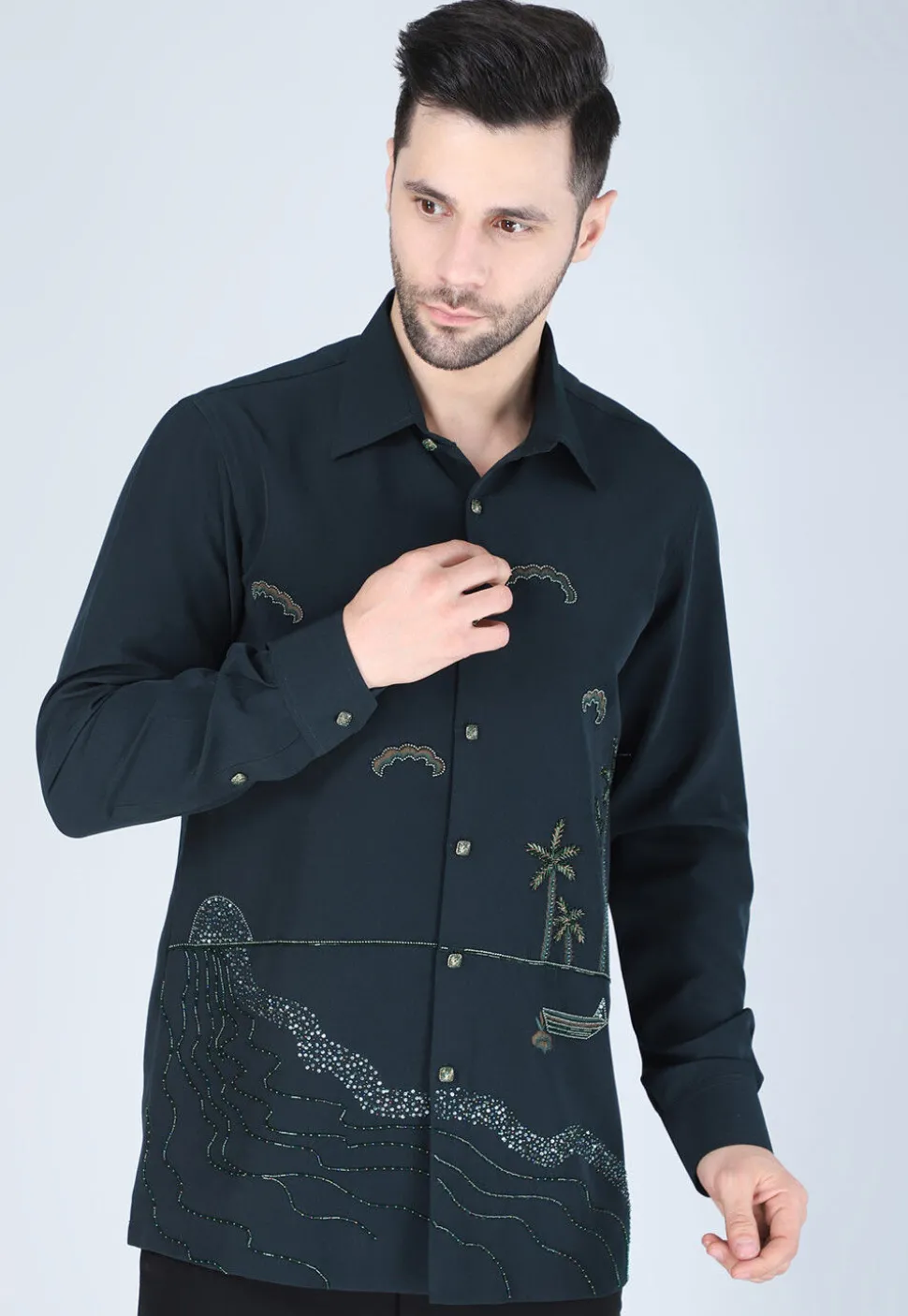 Hand Embroidered Polyester Shirt in Dark Green