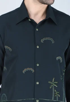 Hand Embroidered Polyester Shirt in Dark Green