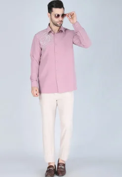 Hand Embroidered Polyester Shirt in Pink