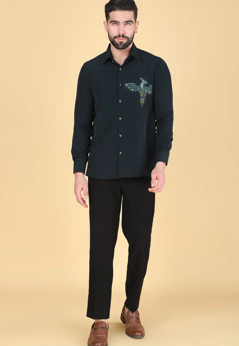 Hand Embroidered Polyester Shirt in Dark Teal Green