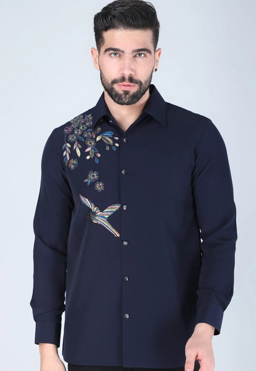 Hand Embroidered Polyester Shirt in Navy Blue