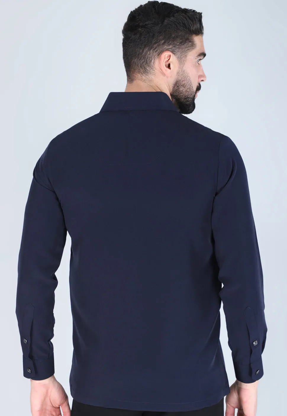 Hand Embroidered Polyester Shirt in Navy Blue