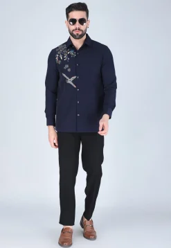 Hand Embroidered Polyester Shirt in Navy Blue