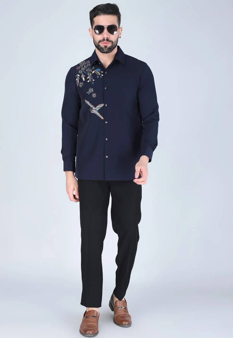 Hand Embroidered Polyester Shirt in Navy Blue