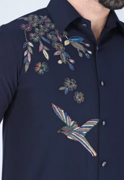 Hand Embroidered Polyester Shirt in Navy Blue