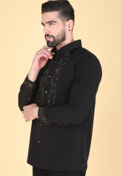 Hand Embroidered Polyester Shirt in Black