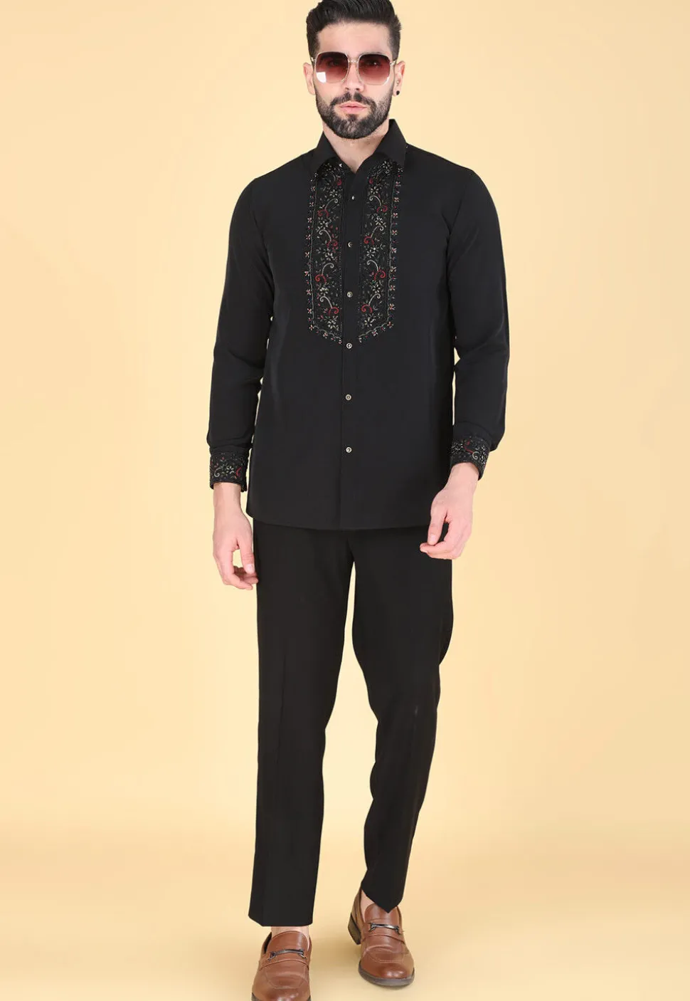 Hand Embroidered Polyester Shirt in Black