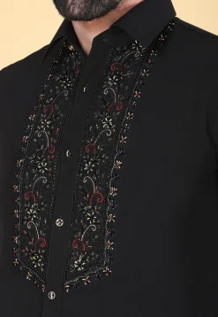 Hand Embroidered Polyester Shirt in Black