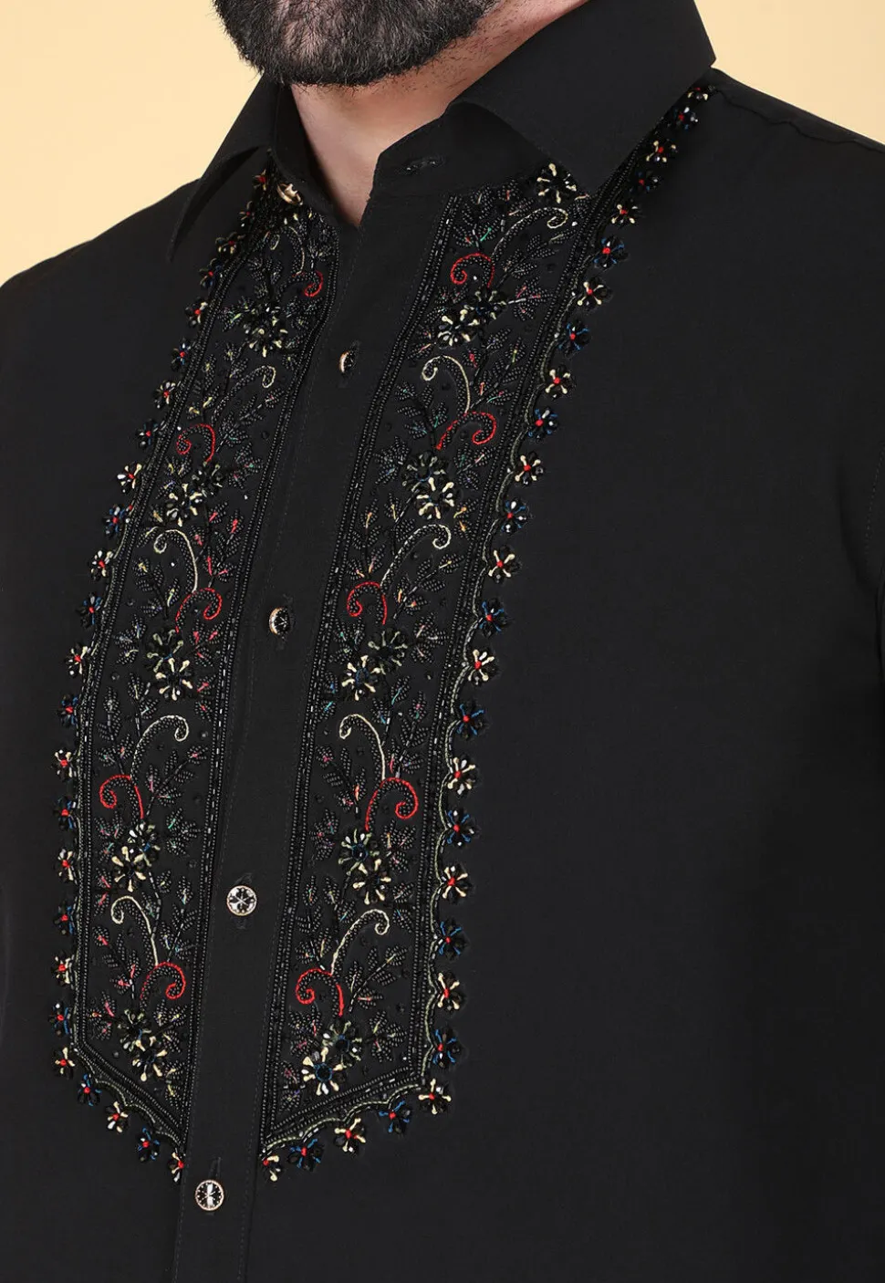 Hand Embroidered Polyester Shirt in Black