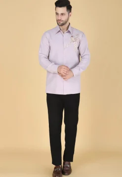 Hand Embroidered Polyester Shirt in Light Purple