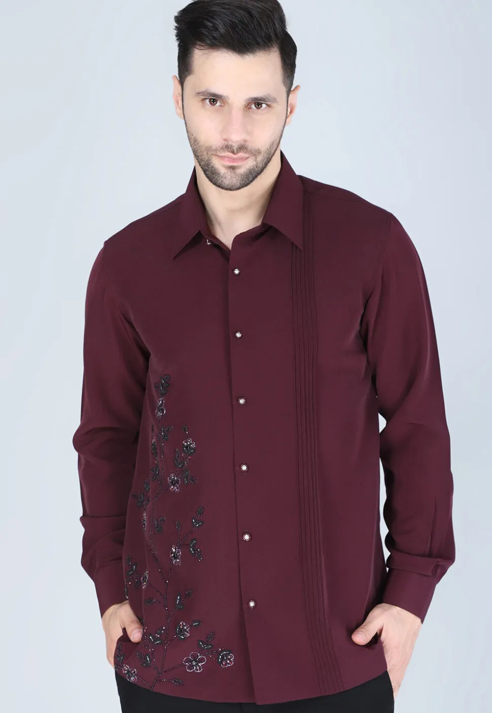 Hand Embroidered Polyester Shirt in Wine