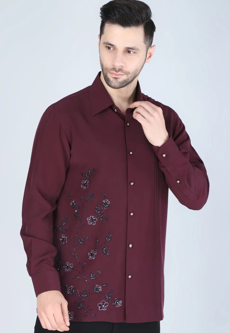 Hand Embroidered Polyester Shirt in Wine