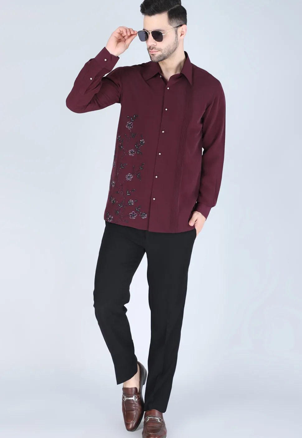 Hand Embroidered Polyester Shirt in Wine