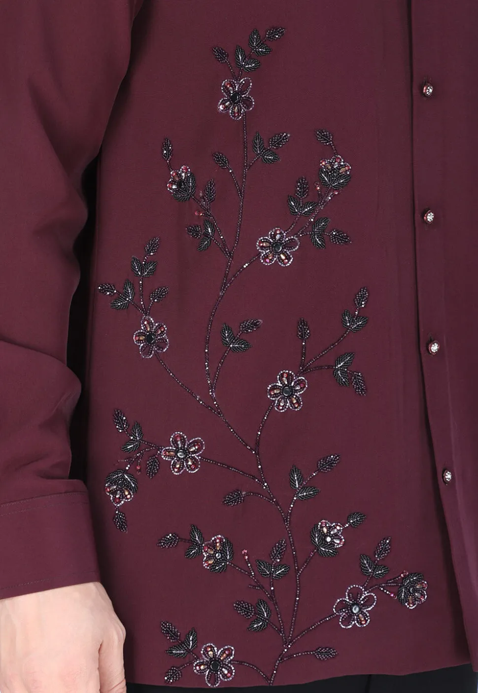 Hand Embroidered Polyester Shirt in Wine