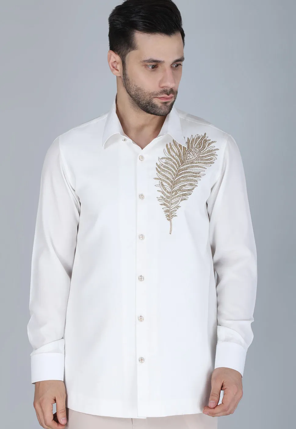 Hand Embroidered Polyester Shirt in White