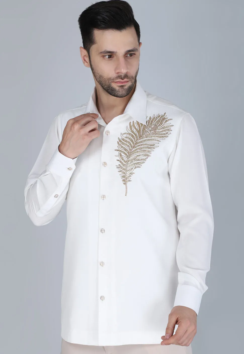 Hand Embroidered Polyester Shirt in White