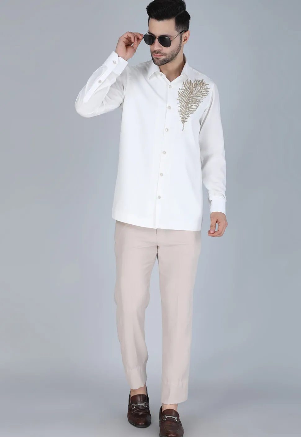 Hand Embroidered Polyester Shirt in White