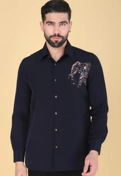 Hand Embroidered Polyester Shirt in Navy Blue