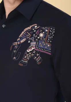 Hand Embroidered Polyester Shirt in Navy Blue