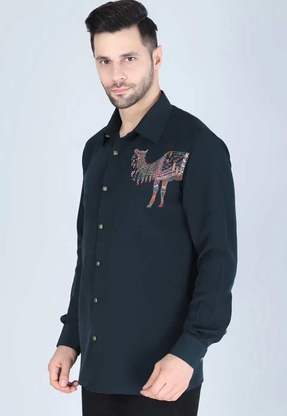 Hand Embroidered Polyester Shirt in Dark Green