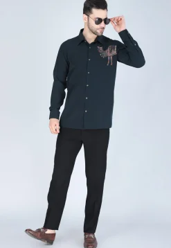 Hand Embroidered Polyester Shirt in Dark Green