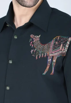 Hand Embroidered Polyester Shirt in Dark Green